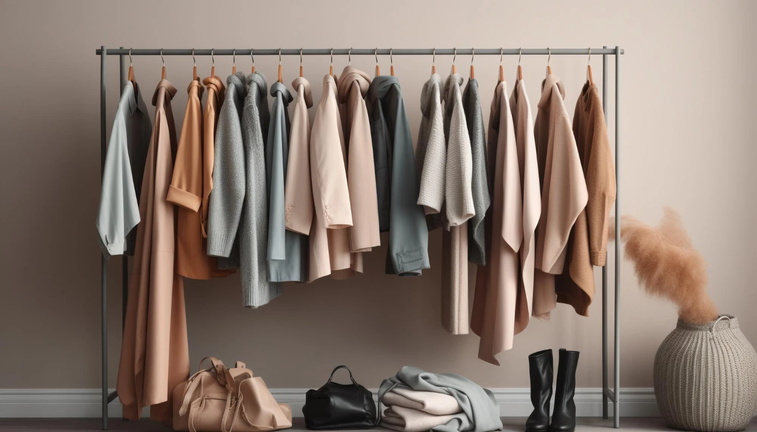 Capsule wardrobe featuring neutral clothing essentials arranged neatly